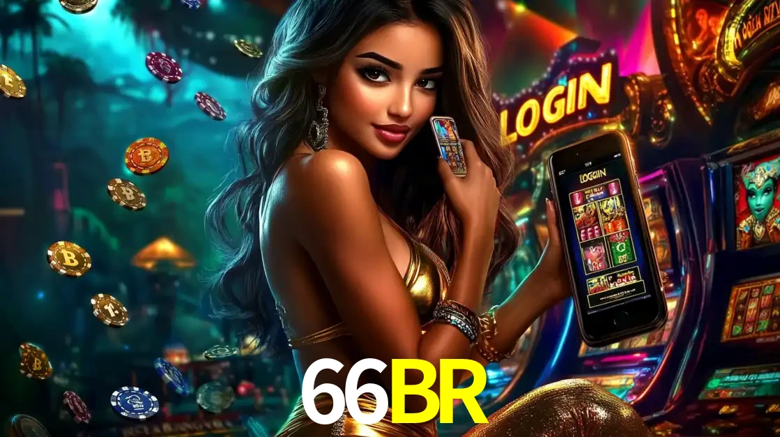 Mulher em um cenário de cassino temático de aventura, mostrando o app de caça-níqueis da 66BR no celular. Fichas de apostas flutuam ao redor.
